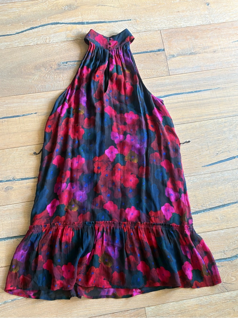 PAIGE 100% Silk Black with Red & Pink Floral Flowy Dress - belt not included